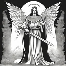 A black and white illustration of an angel wearing a western-style poncho and holding a sword