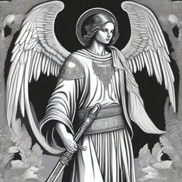 A black and white illustration of an angel wearing a western-style poncho and holding a sword