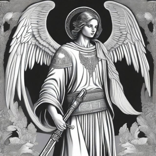 A black and white illustration of an angel wearing a western-style poncho and holding a sword