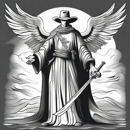 A black and white illustration of an angel wearing a western cowboy poncho and holding a sword