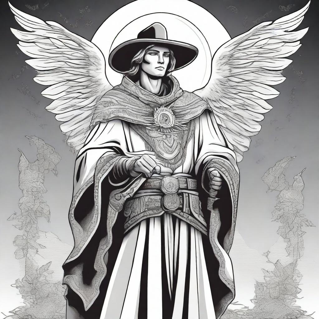 A black and white illustration of an angel wearing a western cowboy poncho and holding a sword