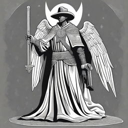 A black and white illustration of an angel wearing a western cowboy poncho and holding a sword