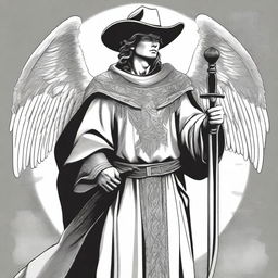 A black and white illustration of an angel wearing a western cowboy poncho and holding a sword
