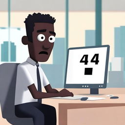 A Black character experiencing a computer error with a '404' message displayed on the screen