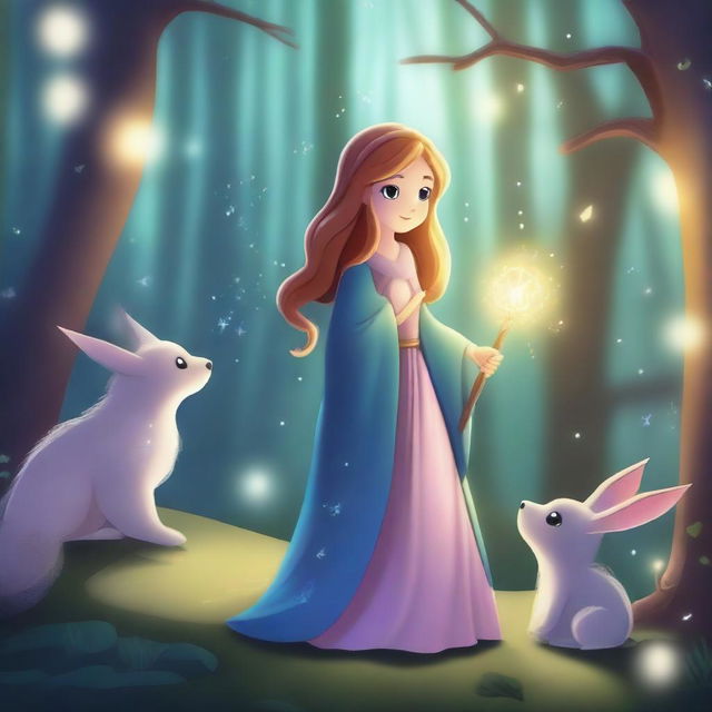 A beautiful princess wizard standing in a mystical forest, casting a glowing spell with her wand