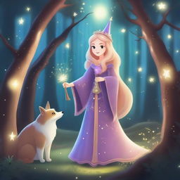 A beautiful princess wizard standing in a mystical forest, casting a glowing spell with her wand