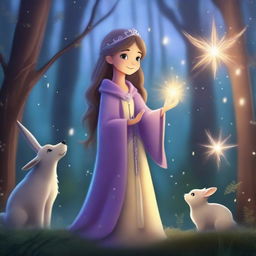 A beautiful princess wizard standing in a mystical forest, casting a glowing spell with her wand