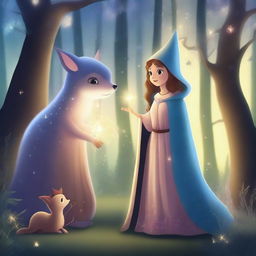 A beautiful princess wizard standing in a mystical forest, casting a glowing spell with her wand