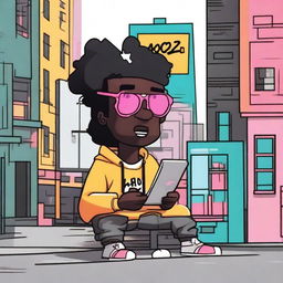 A '404 error' displayed on a computer screen in a street-style theme, with a Black character in the scene