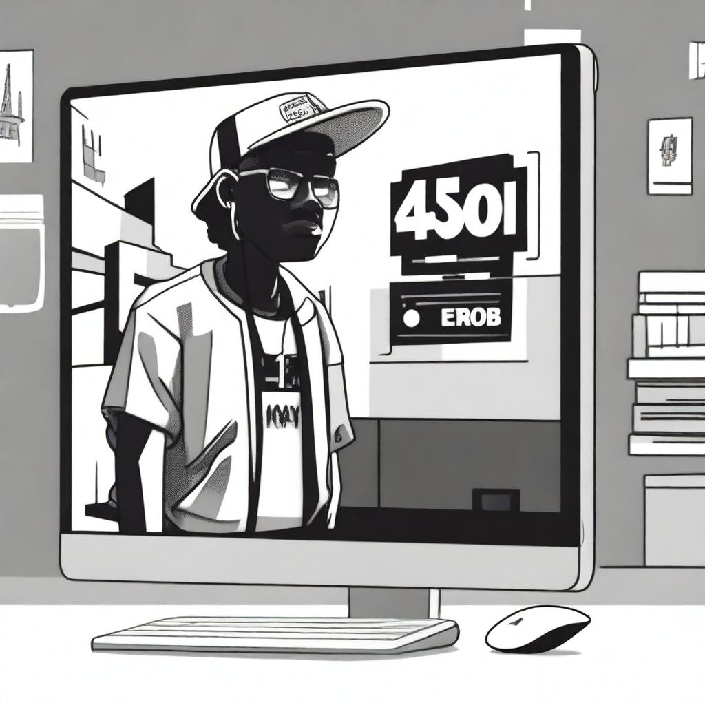 A '404 error' displayed on a computer screen in a street-style theme, with a Black character in the scene