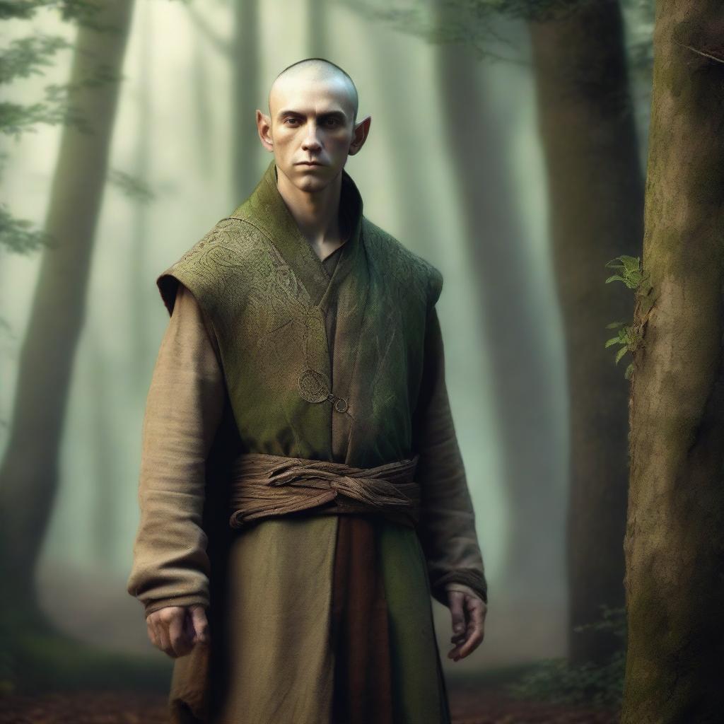 An elven monk with worn vestments stands in a serene forest clearing