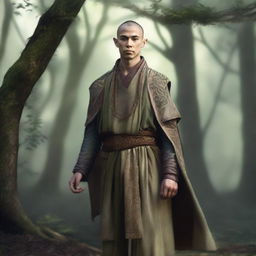 An elven monk with worn vestments stands in a serene forest clearing