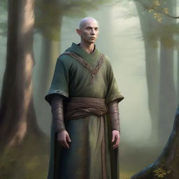 An elven monk with worn vestments stands in a serene forest clearing