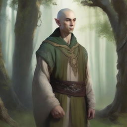 An elven monk with worn vestments stands in a serene forest clearing