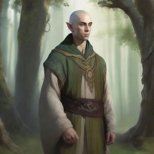 An elven monk with worn vestments stands in a serene forest clearing