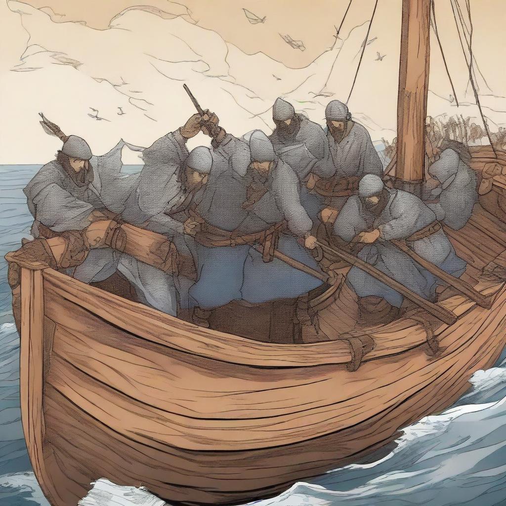 Create an illustration of armed medieval Baltic sailors with their faces obscured