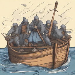 Create an illustration of armed medieval Baltic sailors with their faces obscured