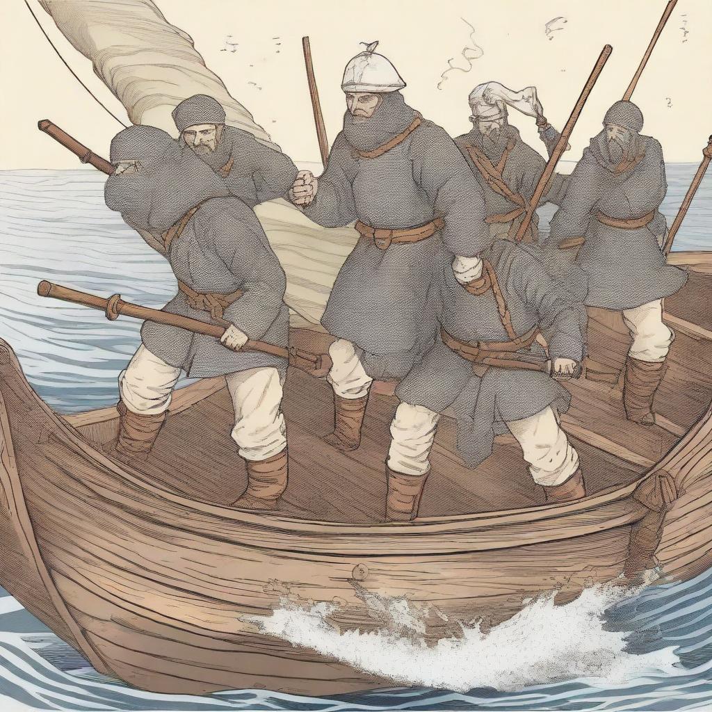 Create an illustration of armed medieval Baltic sailors with their faces obscured