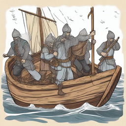 Create an illustration of armed medieval Baltic sailors with their faces obscured