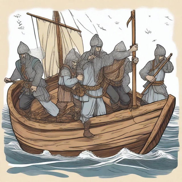 Create an illustration of armed medieval Baltic sailors with their faces obscured