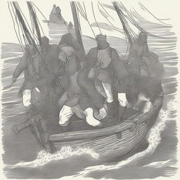 Create an illustration of armed medieval Baltic sailors with their faces obscured