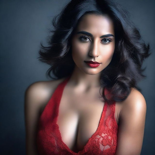 A seductive and alluring woman dressed in red, posing confidently with a sultry expression