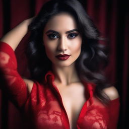 A seductive and alluring woman dressed in red, posing confidently with a sultry expression