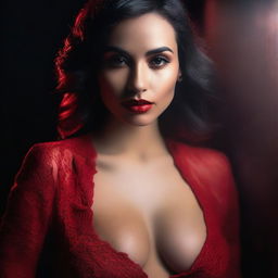 A seductive and alluring woman dressed in red, posing confidently with a sultry expression