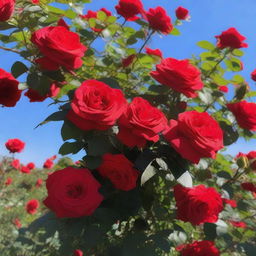 A beautiful bush filled with vibrant red roses, with lush green leaves and a clear blue sky in the background