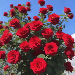 A beautiful bush filled with vibrant red roses, with lush green leaves and a clear blue sky in the background