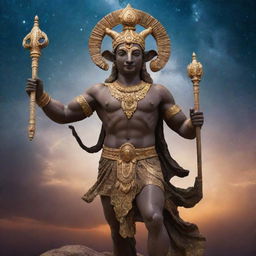 A majestic deity, represented as the God of Ram. This deity is depicted as a strong, ethereal figure with ram-like features against a celestial landscape.