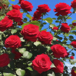 A beautiful bush filled with vibrant red roses, with lush green leaves and a clear blue sky in the background