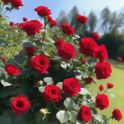 A beautiful bush filled with vibrant red roses, with lush green leaves and a clear blue sky in the background