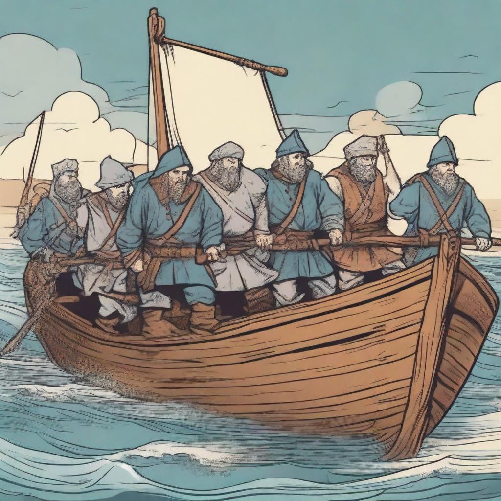 Create an illustration of armed medieval Baltic sailors with their faces obscured in a comic book style