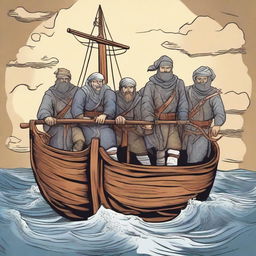 Create an illustration of armed medieval Baltic sailors with their faces obscured in a comic book style