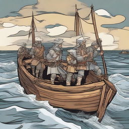 Create an illustration of armed medieval Baltic sailors with their faces obscured in a comic book style