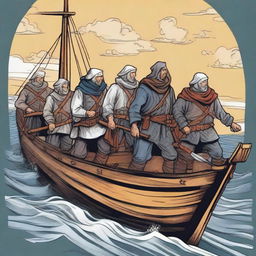 Create an illustration of armed medieval Baltic sailors with their faces obscured in a comic book style