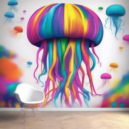 Create a street art scene featuring a wall mural with psychedelic colors of a giant jellyfish