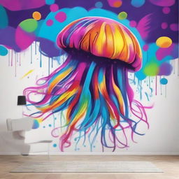 Create a street art scene featuring a wall mural with psychedelic colors of a giant jellyfish