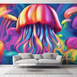 Create a street art scene featuring a wall mural with psychedelic colors of a giant jellyfish