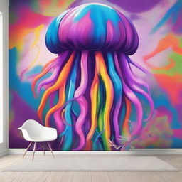 Create a street art scene featuring a wall mural with psychedelic colors of a giant jellyfish