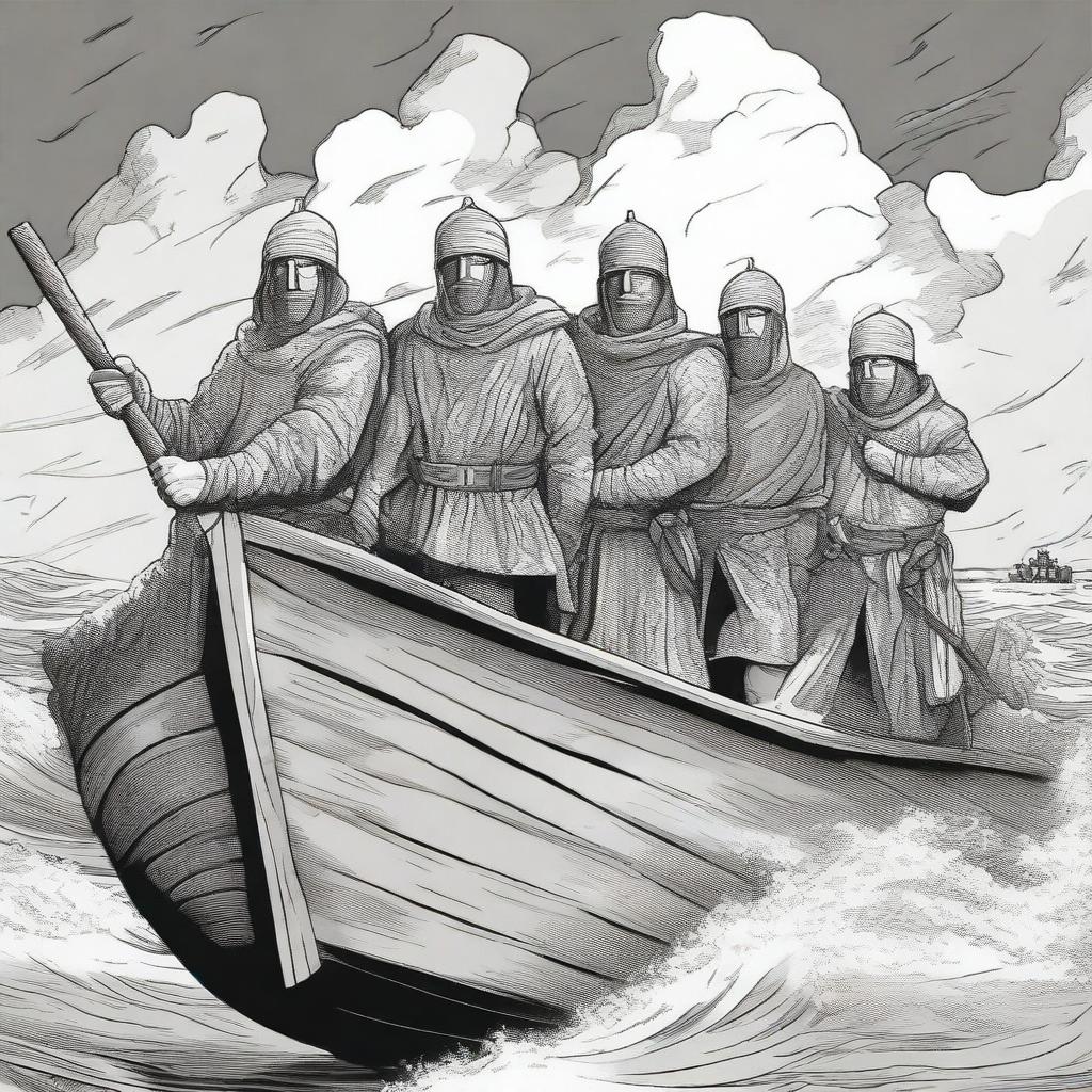 Create an illustration of armed medieval Baltic sailors with their faces obscured in a black and white comic book style