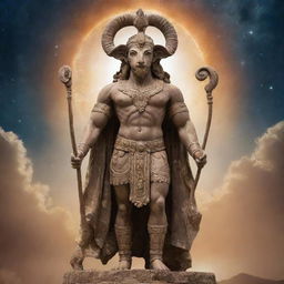 A majestic deity, represented as the God of Ram. This deity is depicted as a strong, ethereal figure with ram-like features against a celestial landscape.