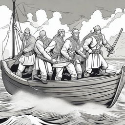 Create an illustration of armed medieval Baltic sailors with their faces obscured in a black and white comic book style