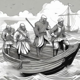 Create an illustration of armed medieval Baltic sailors with their faces obscured in a black and white comic book style