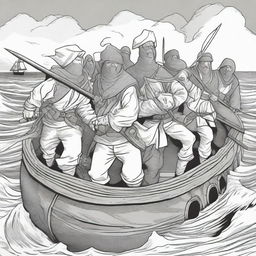 Create an illustration of armed medieval Baltic sailors with their faces obscured in a black and white comic book style