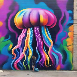 Create a street art scene featuring a dreamlike mural with psychedelic colors of a giant jellyfish