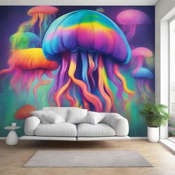 Create a street art scene featuring a dreamlike mural with psychedelic colors of a giant jellyfish