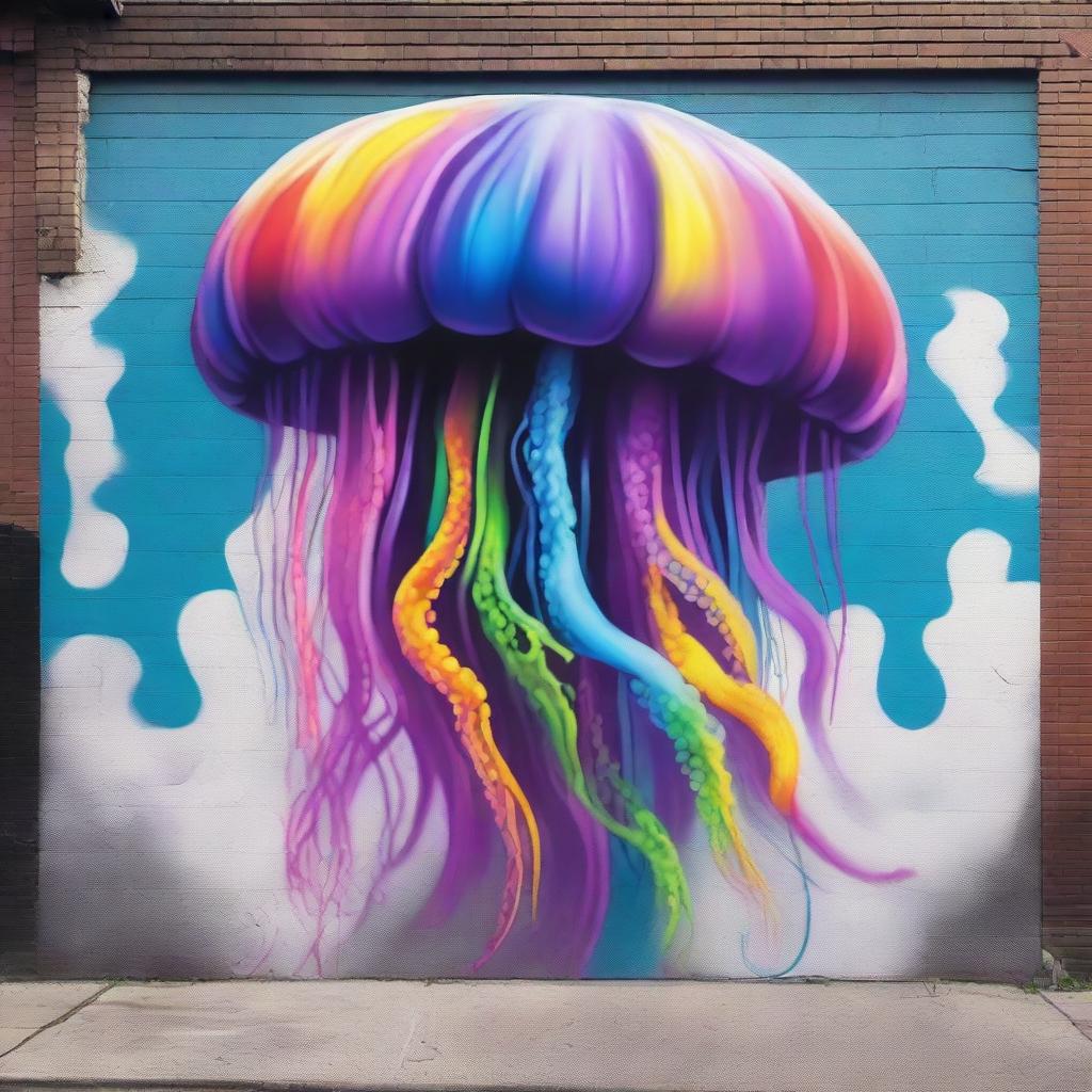 Create a street art scene featuring a dreamlike mural with psychedelic colors of a giant jellyfish