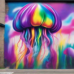 Create a street art scene featuring a dreamlike mural with psychedelic colors of a giant jellyfish